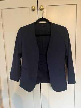 Theory Lindrayia Navy 96% Wool 4% Elastane Jacket sz 0 Open Front 3/4 Sleeve